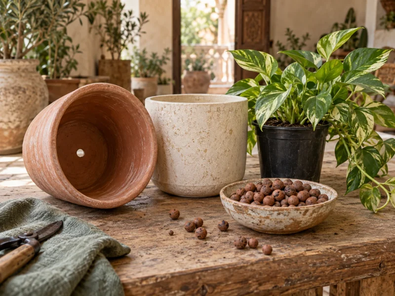 Drainage des plantes d’intérieur : billes d’argile, pot sans trou, soucoupe — ce qui marche vraiment