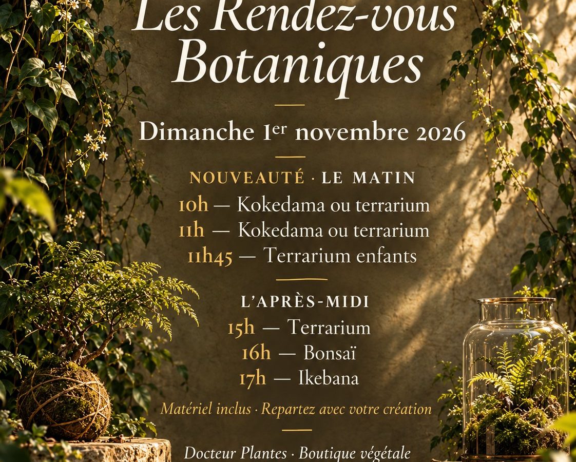 Affiche des Rendez-vous Botaniques, dimanche 1er novembre 2026 : kokedama, terrarium, bonsaï et ikebana